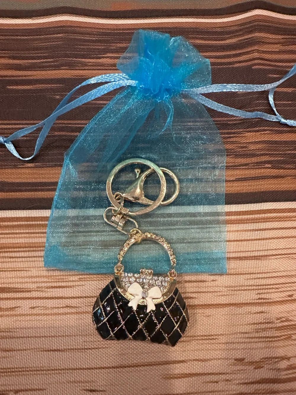 BlackโQuilted Pocketbook Keychain Purse Charm with Crystal Bow Accent